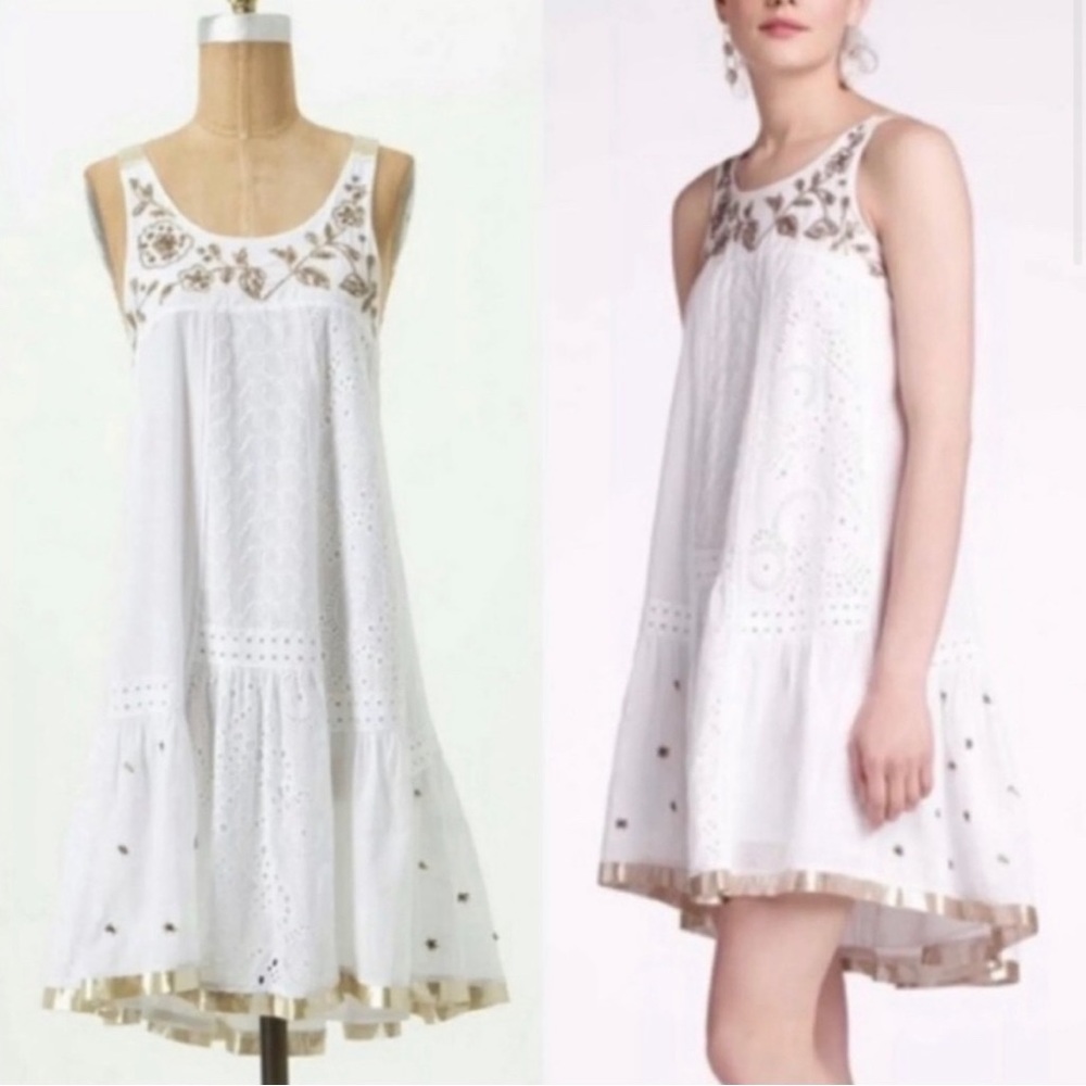 Anthropologie Leifsdottir LEIFNOTES Hi-Lo white Eyelet Gold Beaded Dress, Sz 6